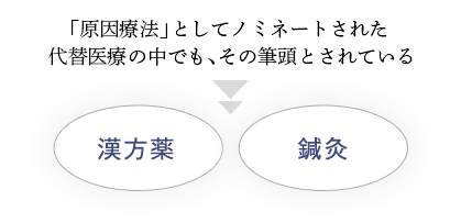 「原因療法」としてノミネートされた代替医療の中でも、その筆頭とされている「漢方薬」「鍼灸」
